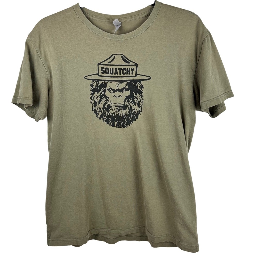 Bigfoot Sasquatch Graphic T Shirt Olive Green Outdoors‎ Camping Tee Size Unknown